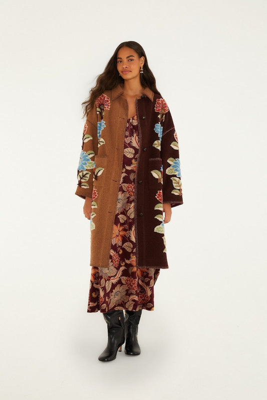 Young Ideas & Henmores -Mixed Delhi Floral Midi Fleece Coat -26039 Burgundy Multi -XS