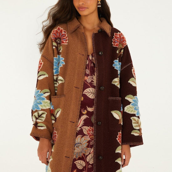 Young Ideas & Henmores -Mixed Delhi Floral Midi Fleece Coat -26039 Burgundy Multi -XS