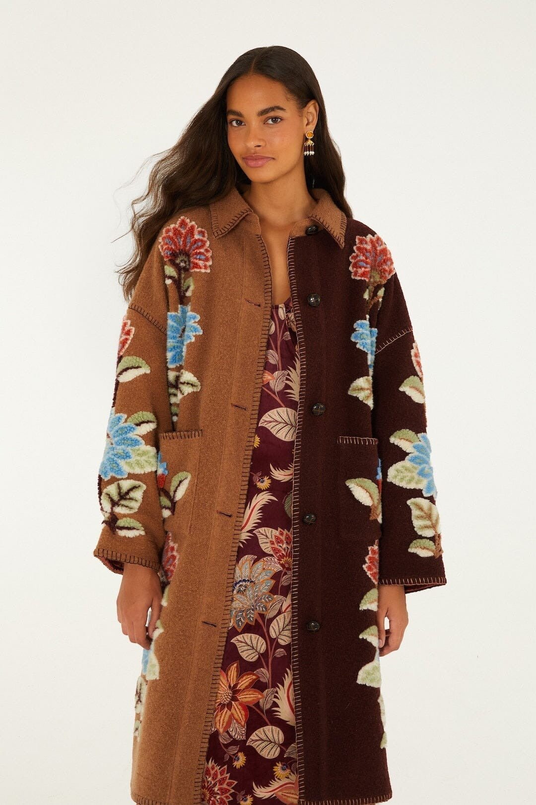 Young Ideas & Henmores -Mixed Delhi Floral Midi Fleece Coat -26039 Burgundy Multi -XS
