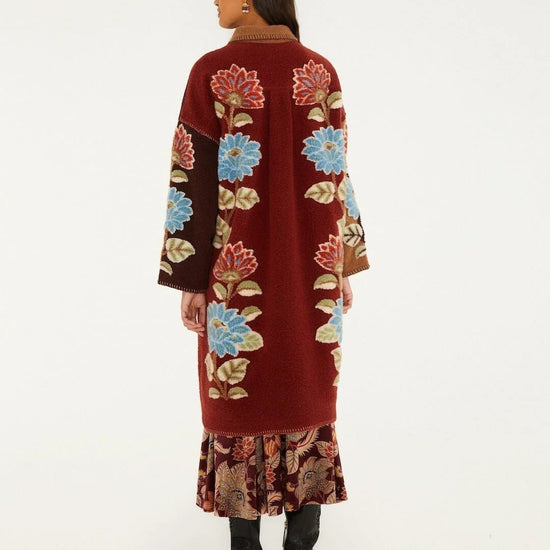 Young Ideas & Henmores -Mixed Delhi Floral Midi Fleece Coat -26039 Burgundy Multi -XS