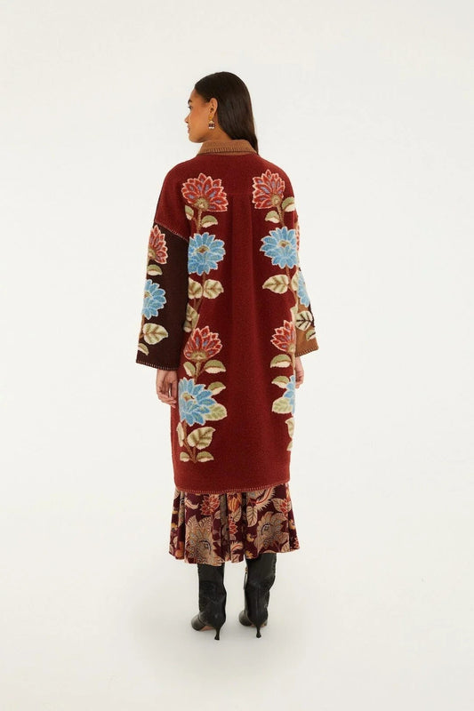 Young Ideas & Henmores -Mixed Delhi Floral Midi Fleece Coat -26039 Burgundy Multi -XS