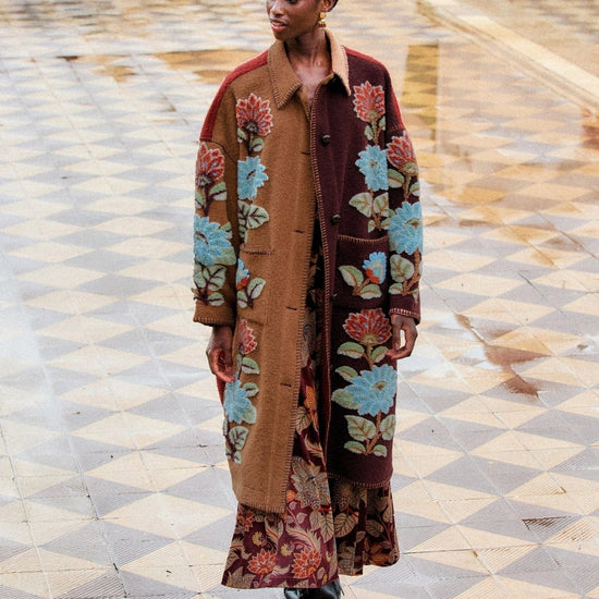 Young Ideas & Henmores -Mixed Delhi Floral Midi Fleece Coat -26039 Burgundy Multi -XS