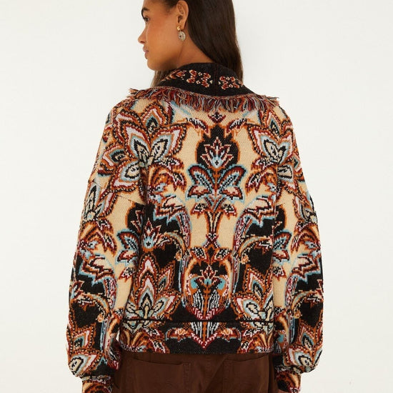 Young Ideas & Henmores -Tapestry Dream Knit Fringe Cardigan -26086 Black/Cream Multi -XS