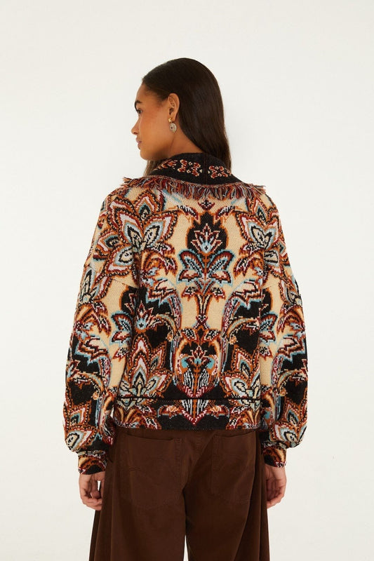 Young Ideas & Henmores -Tapestry Dream Knit Fringe Cardigan -26086 Black/Cream Multi -XS