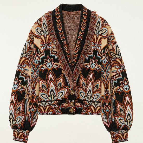 Young Ideas & Henmores -Tapestry Dream Knit Fringe Cardigan -26086 Black/Cream Multi -XS