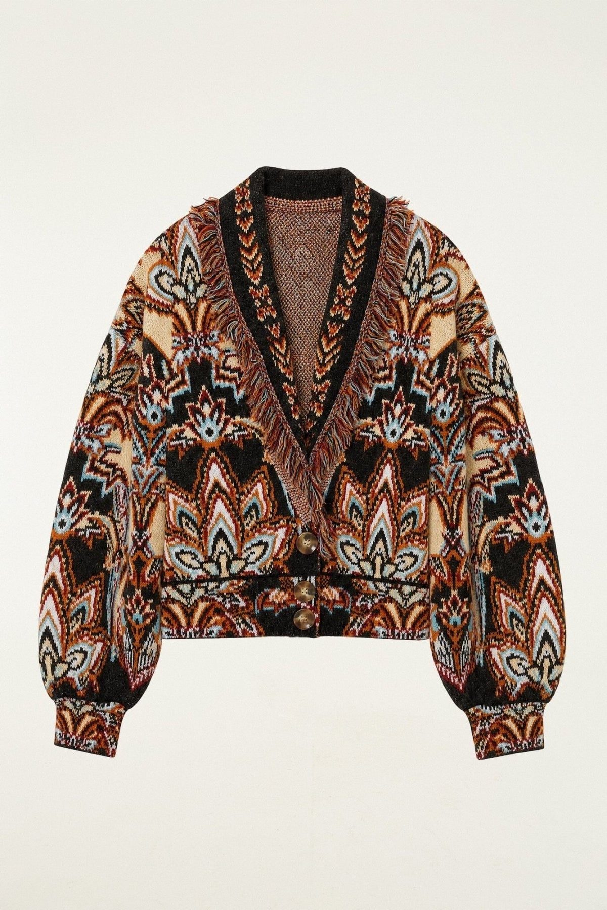 Young Ideas & Henmores -Tapestry Dream Knit Fringe Cardigan -26086 Black/Cream Multi -XS