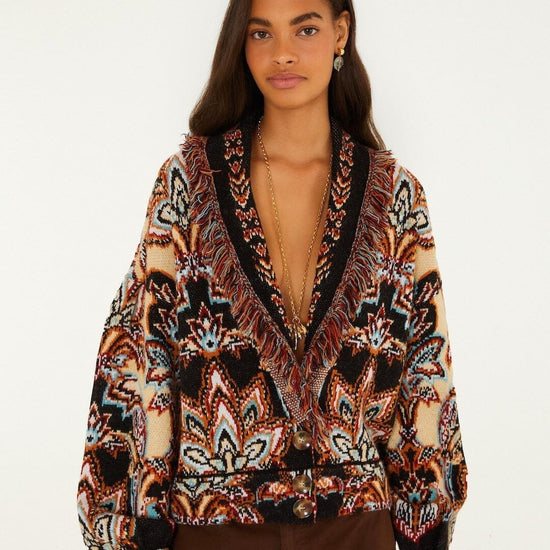 Young Ideas & Henmores -Tapestry Dream Knit Fringe Cardigan -26086 Black/Cream Multi -XS