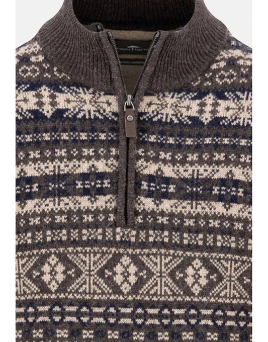 Young Ideas/Henmores - Troyer 1/4 zip Jacquard Lambswool - 861 Dark Chocolate - M