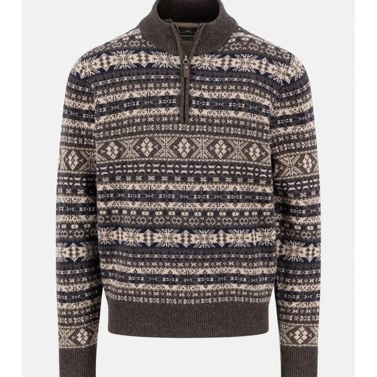 Young Ideas/Henmores - Troyer 1/4 zip Jacquard Lambswool - 861 Dark Chocolate - M