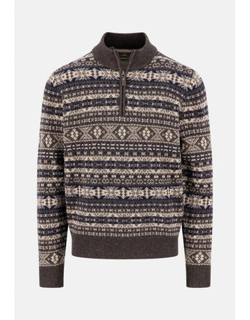 Young Ideas/Henmores - Troyer 1/4 zip Jacquard Lambswool - 861 Dark Chocolate - M