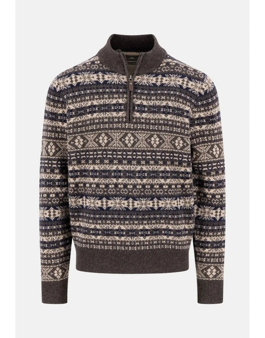 Young Ideas/Henmores - Troyer 1/4 zip Jacquard Lambswool - 861 Dark Chocolate - M