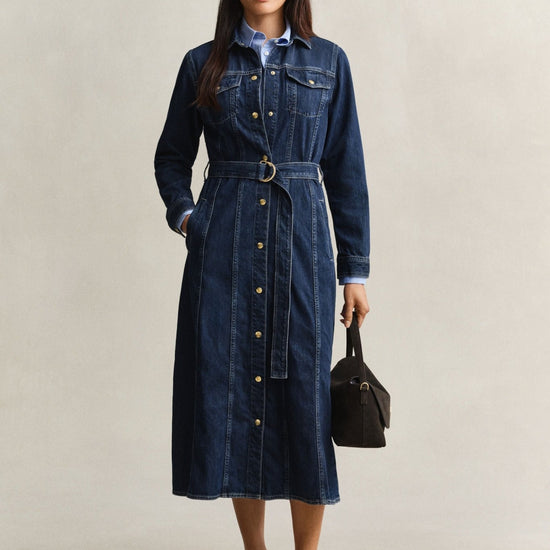 Young Ideas & Henmores -Belted Denim Midi Dress -961 Dark Blue Worn In -8