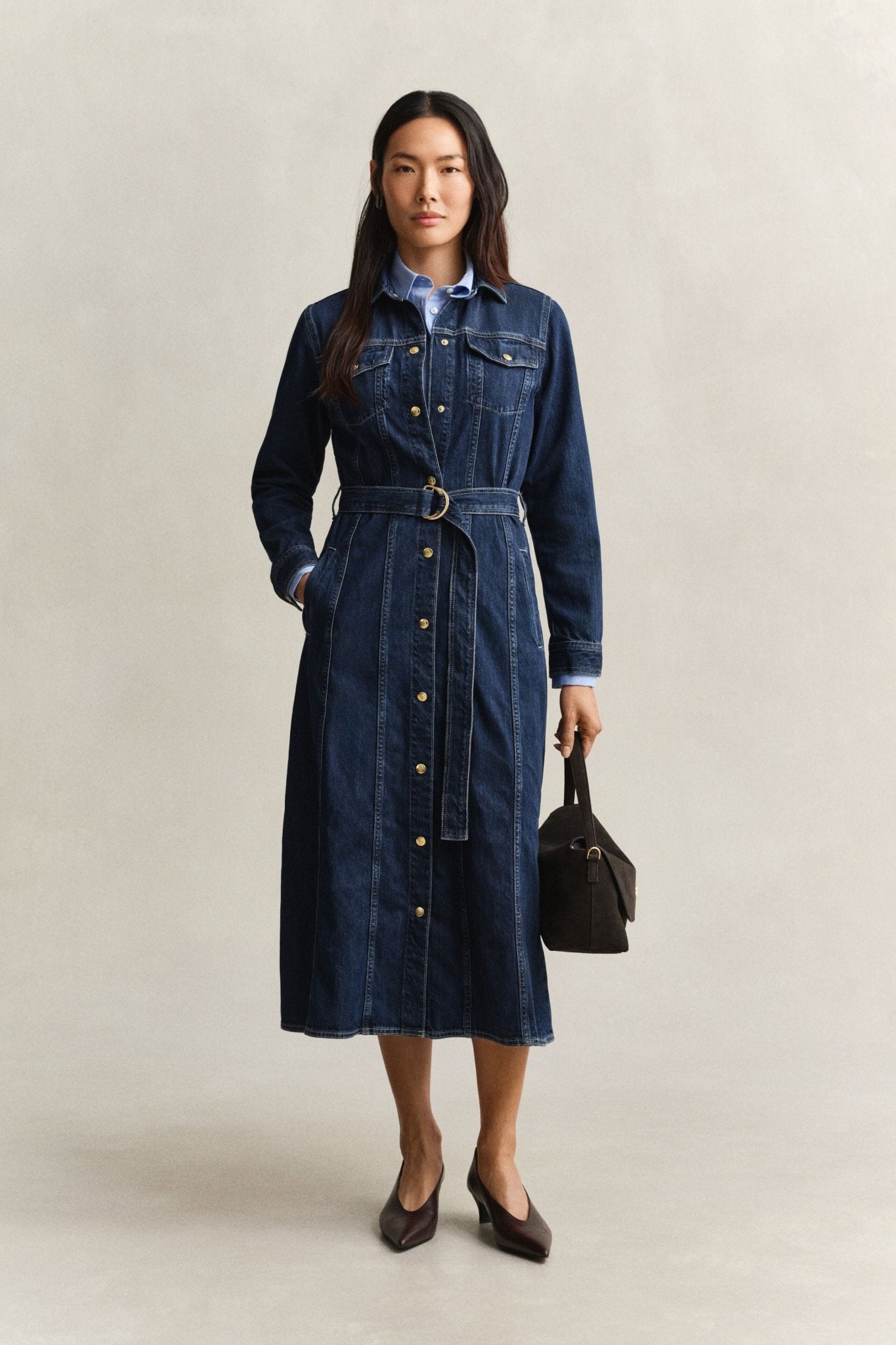 Young Ideas & Henmores -Belted Denim Midi Dress -961 Dark Blue Worn In -8