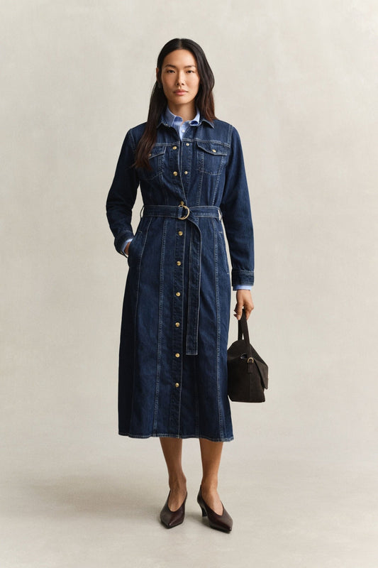 Young Ideas & Henmores -Belted Denim Midi Dress -961 Dark Blue Worn In -8