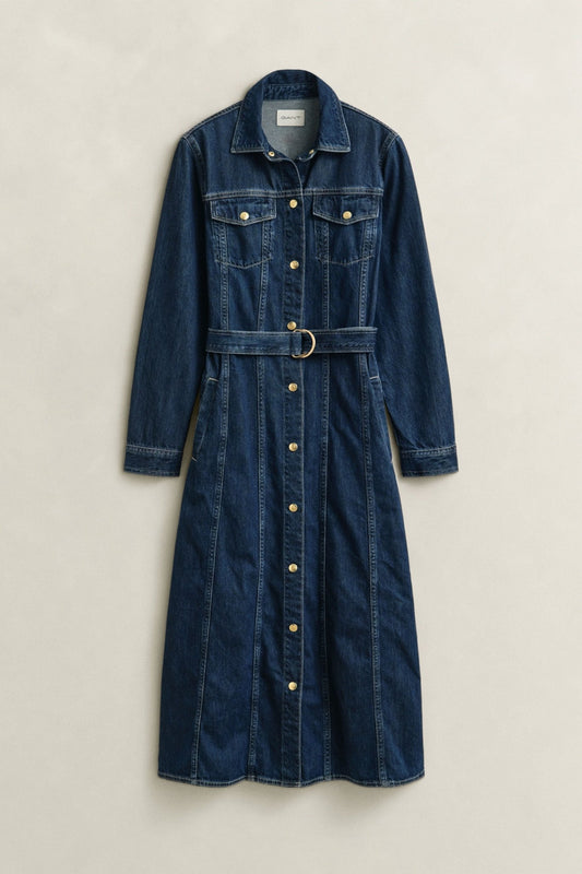 Young Ideas & Henmores -Belted Denim Midi Dress -961 Dark Blue Worn In -8
