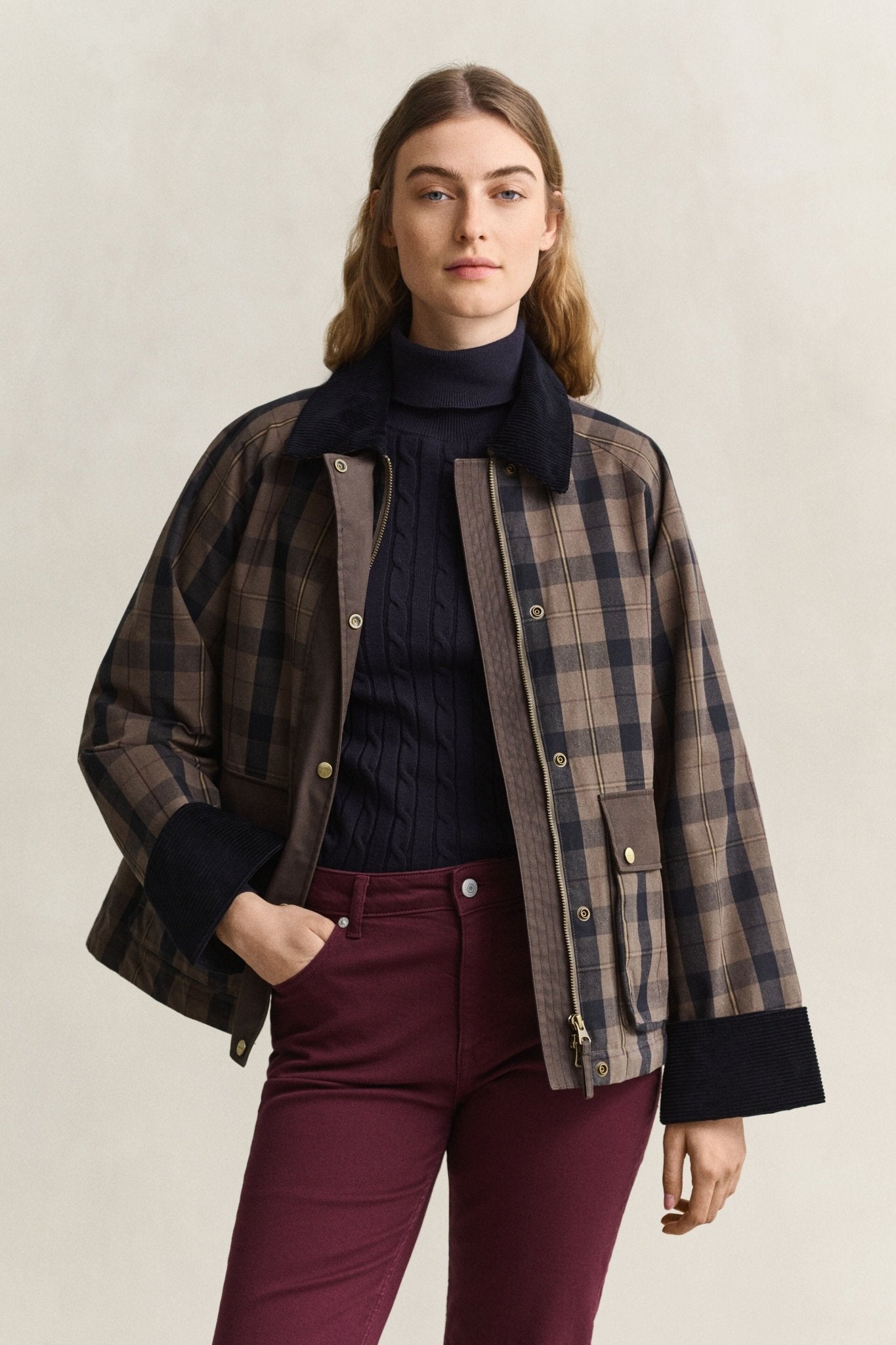 Young Ideas & Henmores -Checked Waxed Jacket -260 Faded Taupe -XS