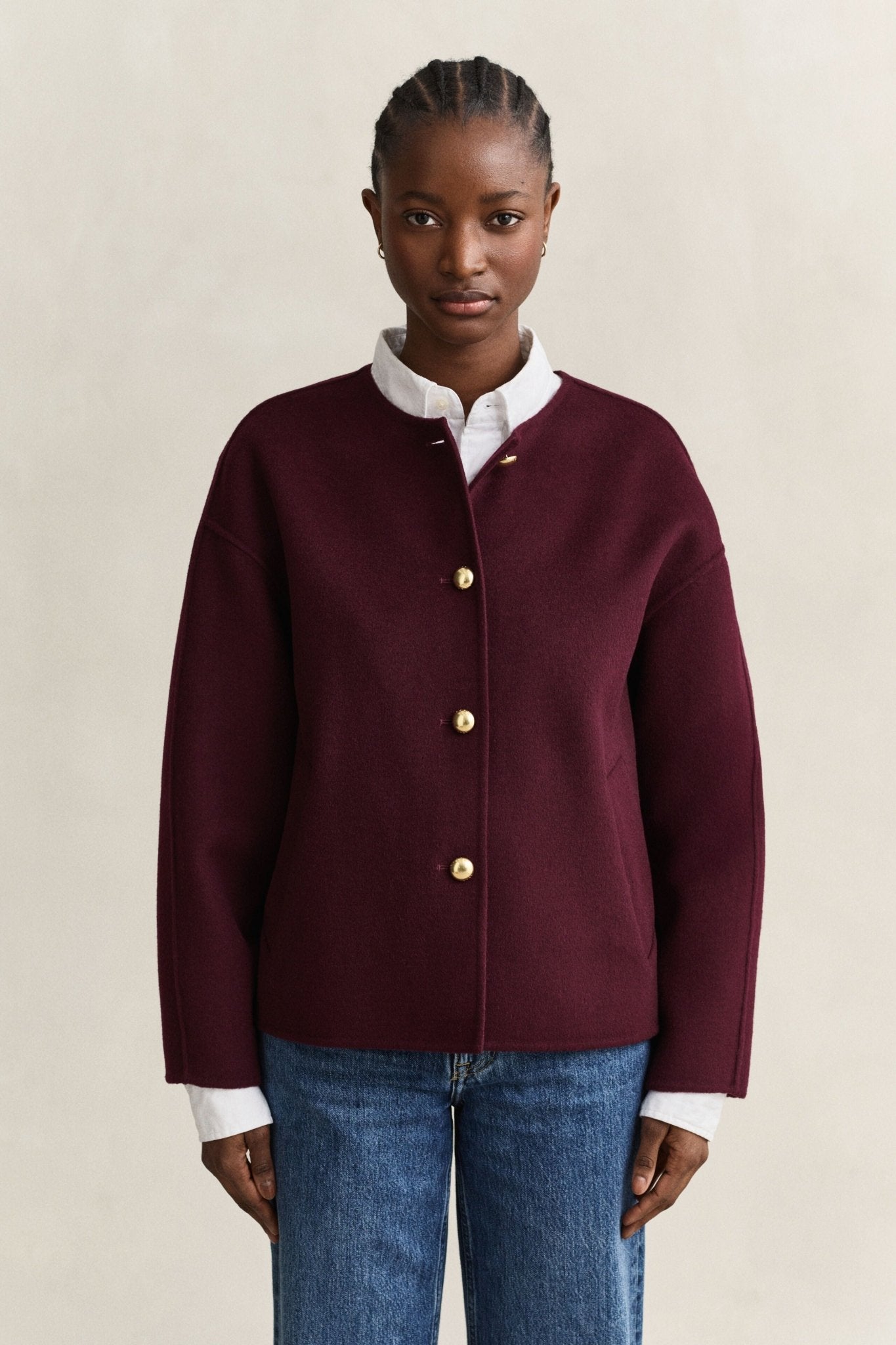 Young Ideas & Henmores -Collarless Handstitched Jacket -667 Darkened Wine -XS