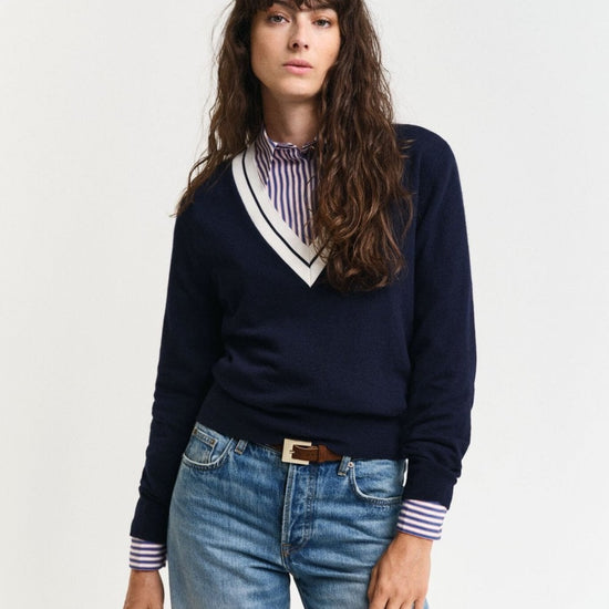 Young Ideas/Henmores - Contrast V - Neck Jumper - 433 Evening Blue - S