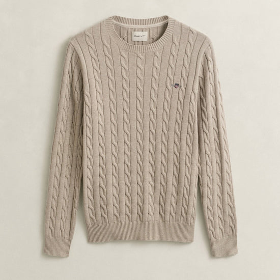 Young Ideas & Henmores - Cotton Cable Crew Neck Jumper - 296 Khaki Melange - M