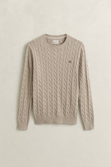 Young Ideas & Henmores - Cotton Cable Crew Neck Jumper - 296 Khaki Melange - M