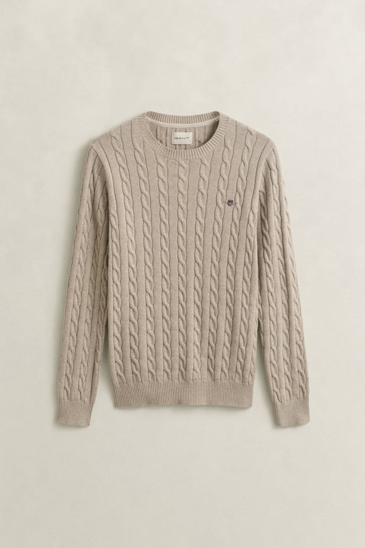 Young Ideas & Henmores - Cotton Cable Crew Neck Jumper - 296 Khaki Melange - M