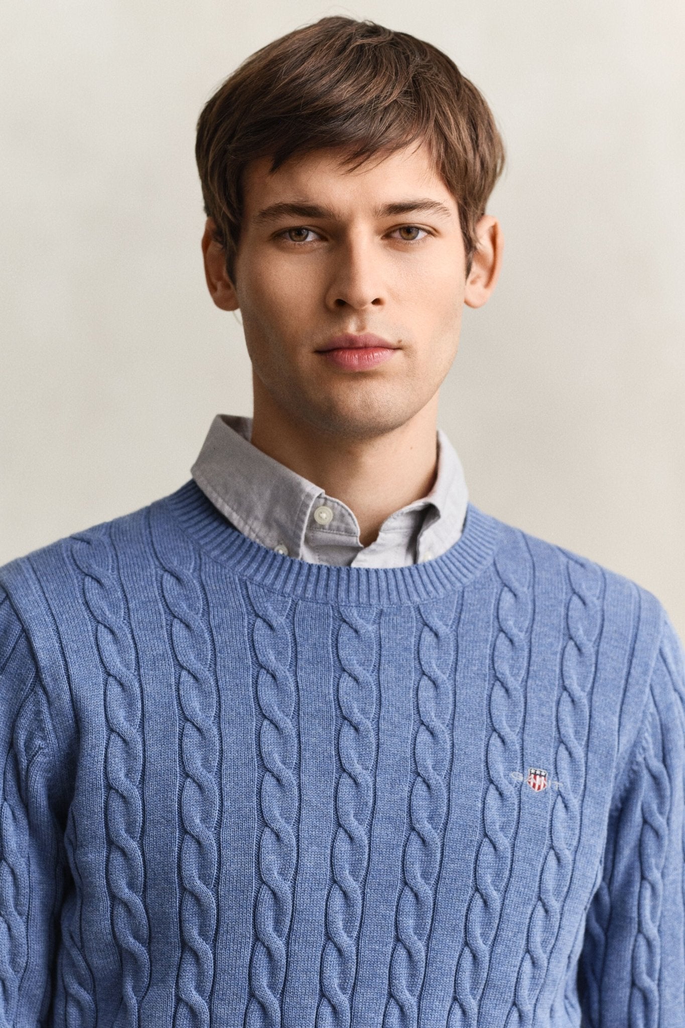 Young Ideas & Henmores - Cotton Cable Crew Neck Jumper - 296 Khaki Melange - M