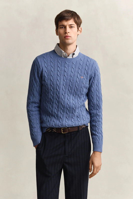 Young Ideas & Henmores - Cotton Cable Crew Neck Jumper - 296 Khaki Melange - M