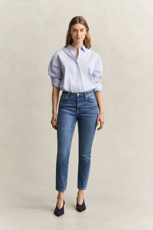 Young Ideas & Henmores -Cropped Straight Stretch Jeans -972 Mid Blue Broken In -27