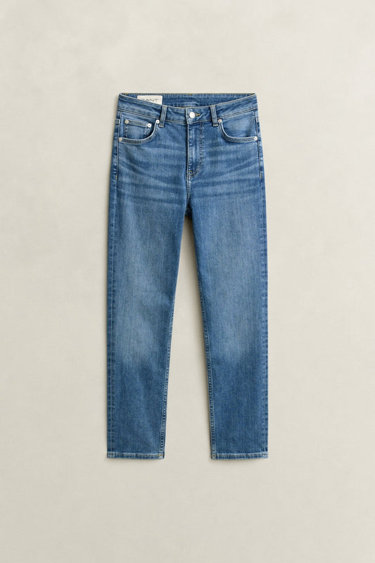 Young Ideas & Henmores -Cropped Straight Stretch Jeans -972 Mid Blue Broken In -27