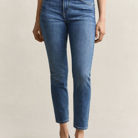 Young Ideas & Henmores -Cropped Straight Stretch Jeans -972 Mid Blue Broken In -27