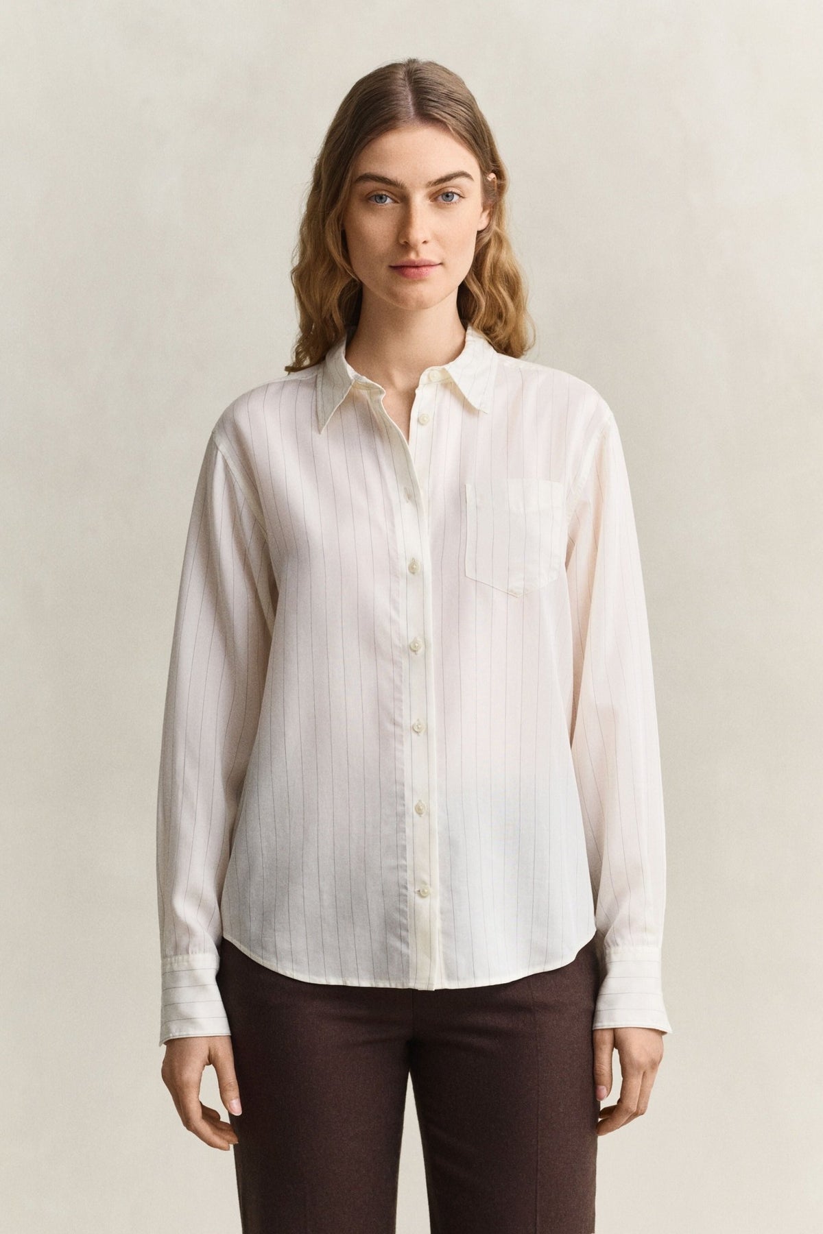 Young Ideas & Henmores -Pinstripe Back Fold Detail Blouse -113 Eggshell -10