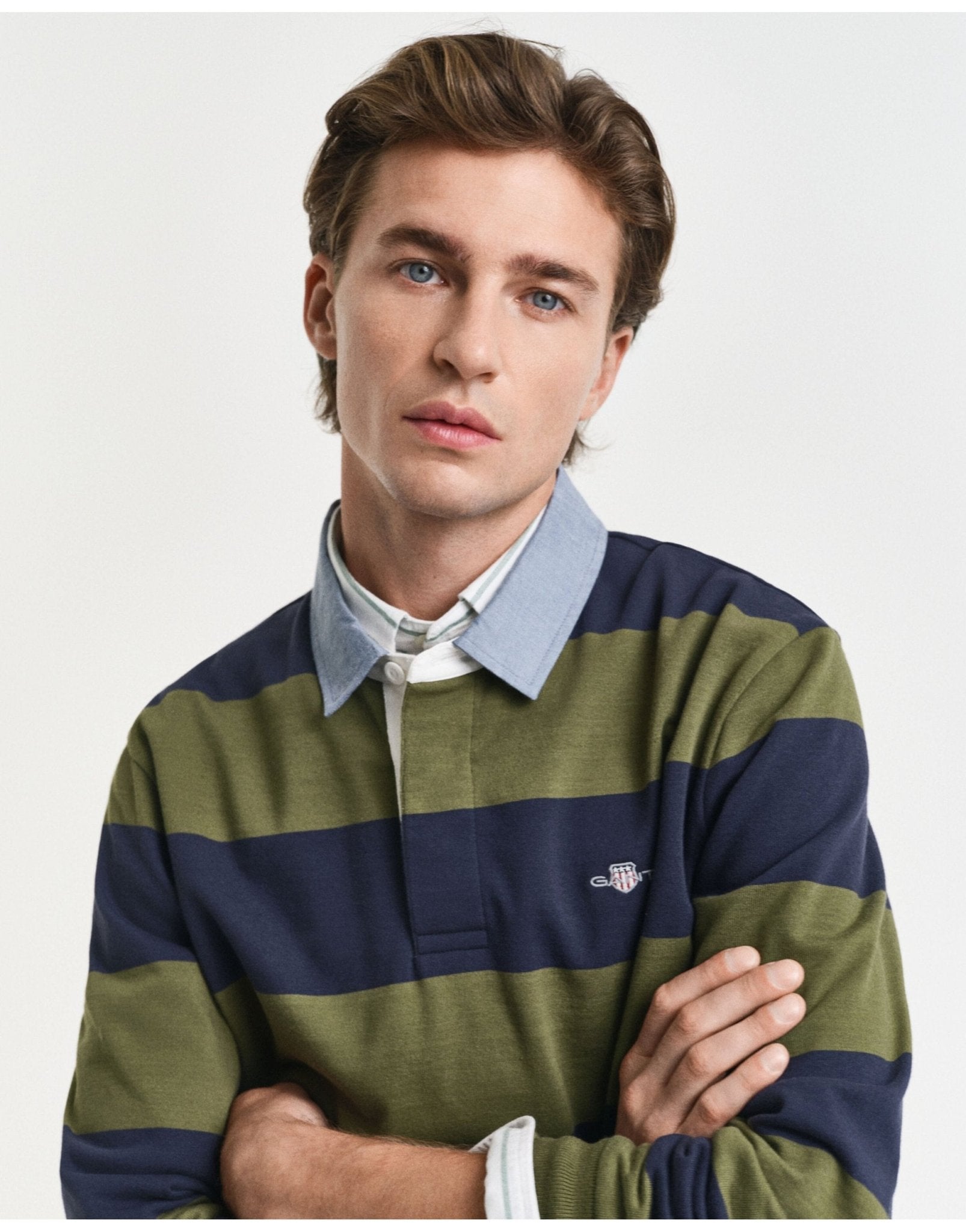 Young Ideas/Henmores - Reg Chambray Stripe Heavy Rugger - 303 Moss Green - M