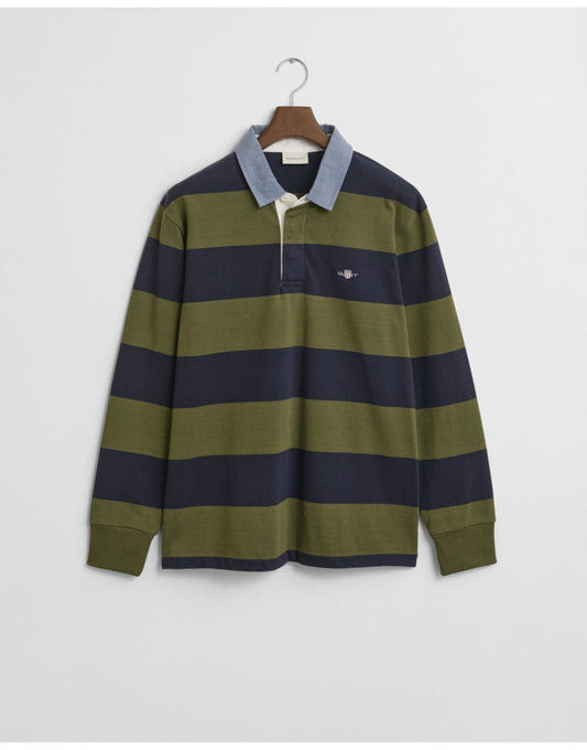 Young Ideas/Henmores - Reg Chambray Stripe Heavy Rugger - 303 Moss Green - M