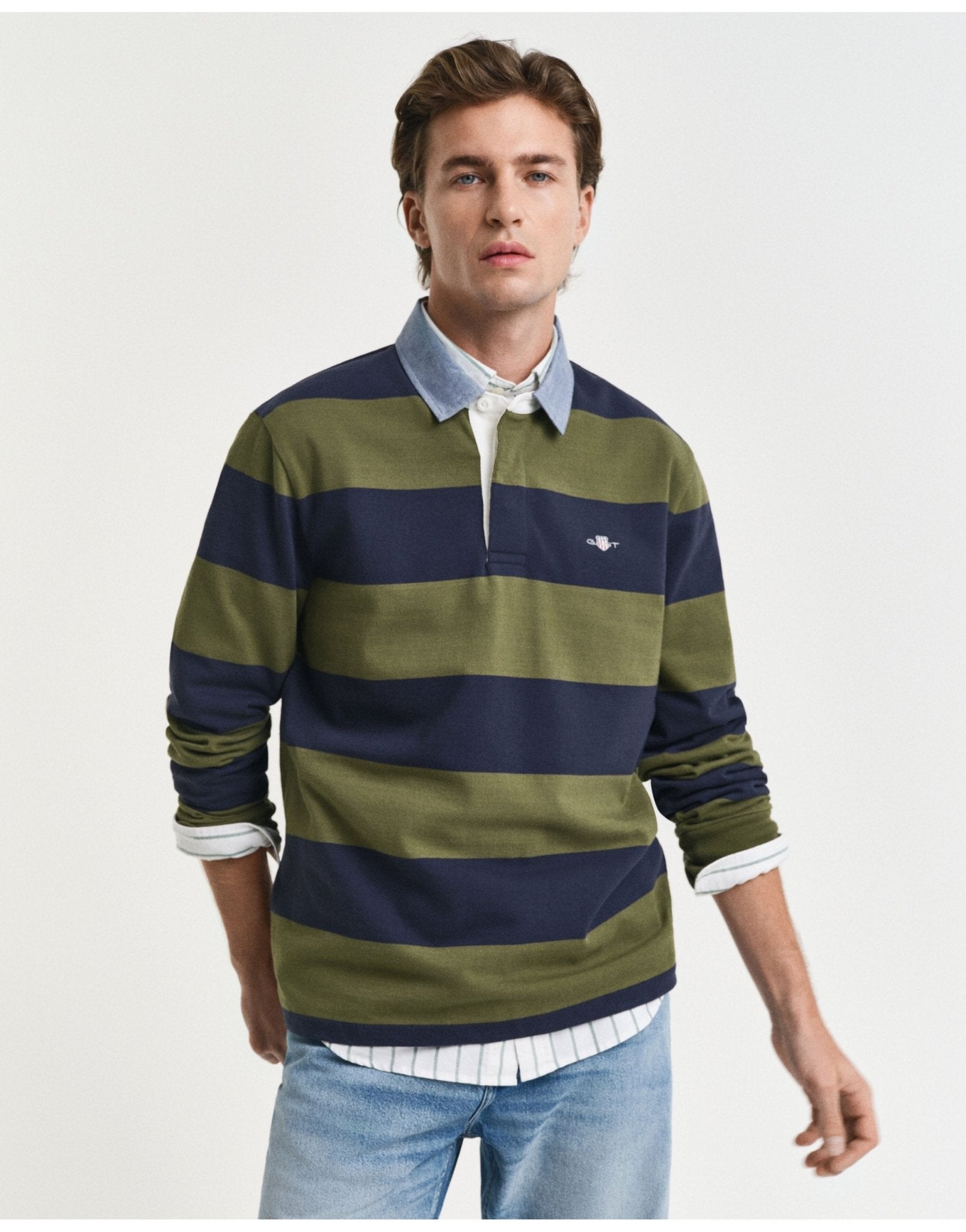 Young Ideas/Henmores - Reg Chambray Stripe Heavy Rugger - 303 Moss Green - M