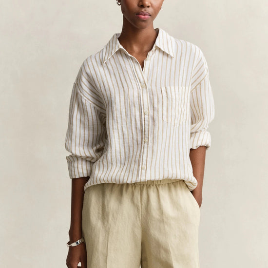 Young Ideas & Henmores - Rel Striped Linen LS Shirt - 200 Oat Beige - 8