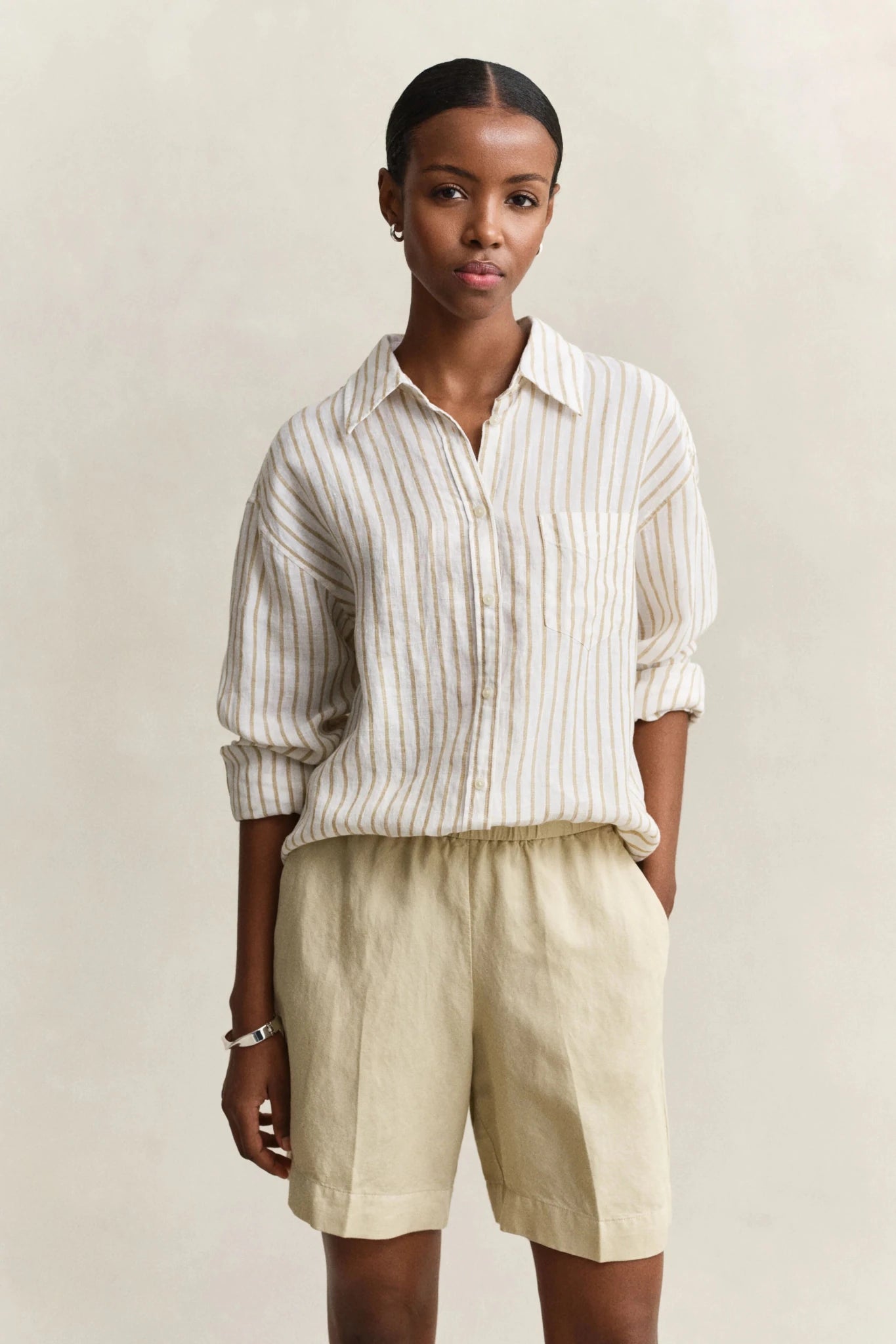 Young Ideas & Henmores - Rel Striped Linen LS Shirt - 200 Oat Beige - 8