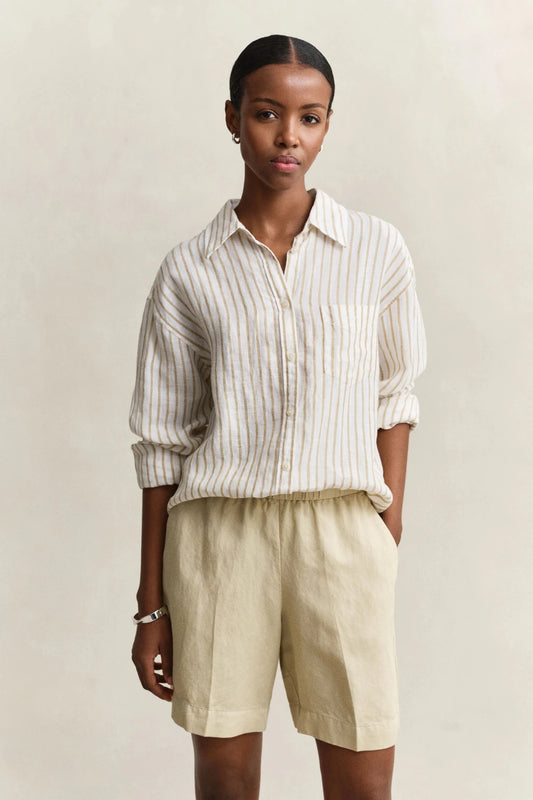 Young Ideas & Henmores - Rel Striped Linen LS Shirt - 200 Oat Beige - 8