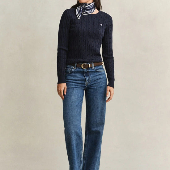 Young Ideas & Henmores -Stretch Cotton Cable Crew Neck Jumper -433 Evening Blue -S