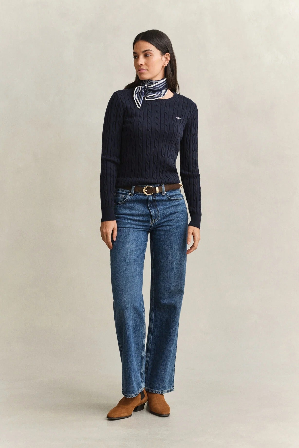Young Ideas & Henmores -Stretch Cotton Cable Crew Neck Jumper -433 Evening Blue -S