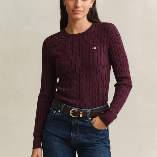 Young Ideas & Henmores -Stretch Cotton Cable Crew Neck Jumper -667 Darkened Wine -S