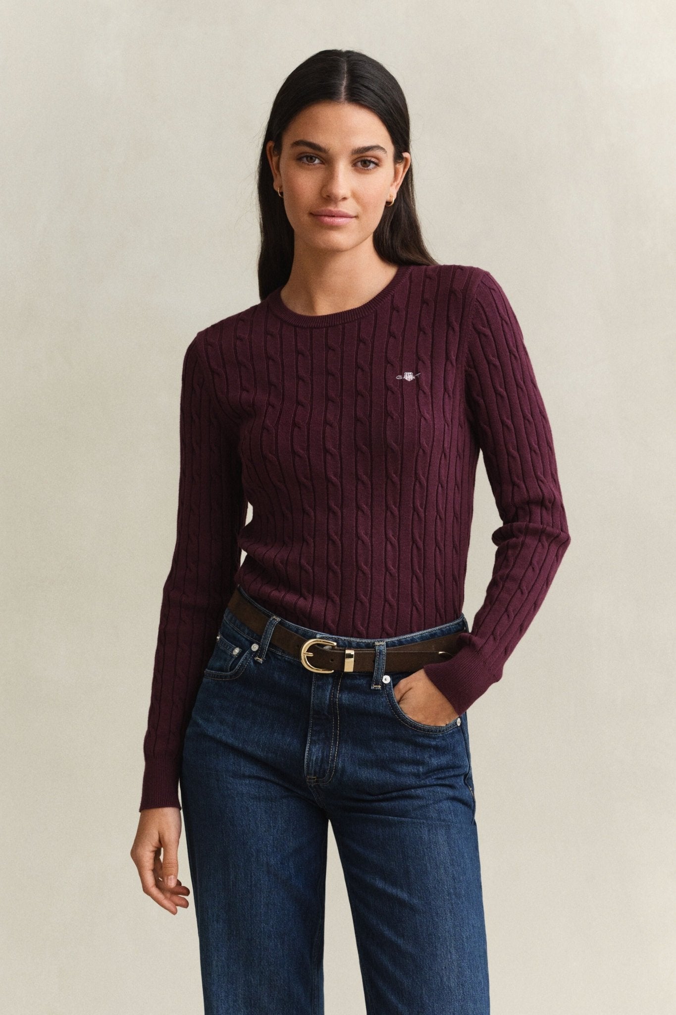 Young Ideas & Henmores -Stretch Cotton Cable Crew Neck Jumper -667 Darkened Wine -S