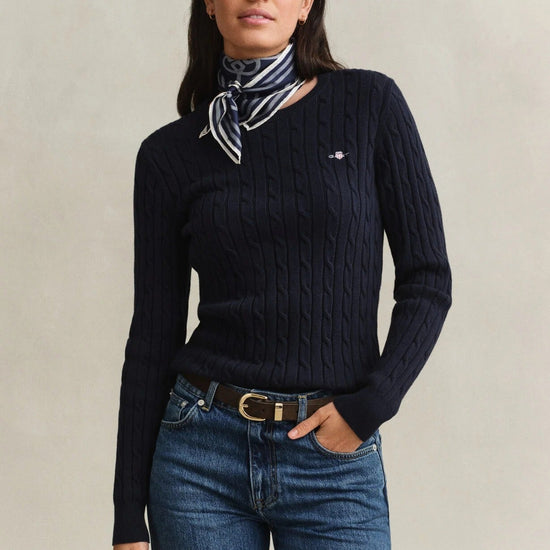 Young Ideas & Henmores -Stretch Cotton Cable Crew Neck Jumper -433 Evening Blue -S
