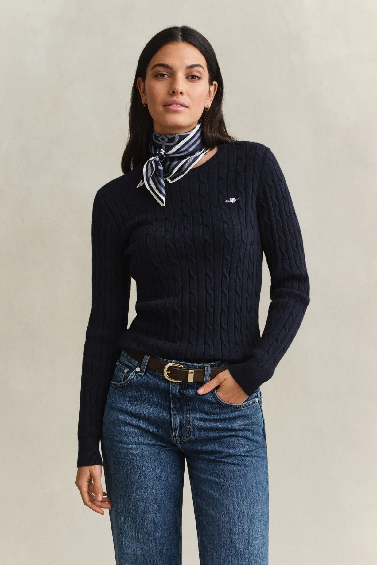 Young Ideas & Henmores -Stretch Cotton Cable Crew Neck Jumper -433 Evening Blue -S