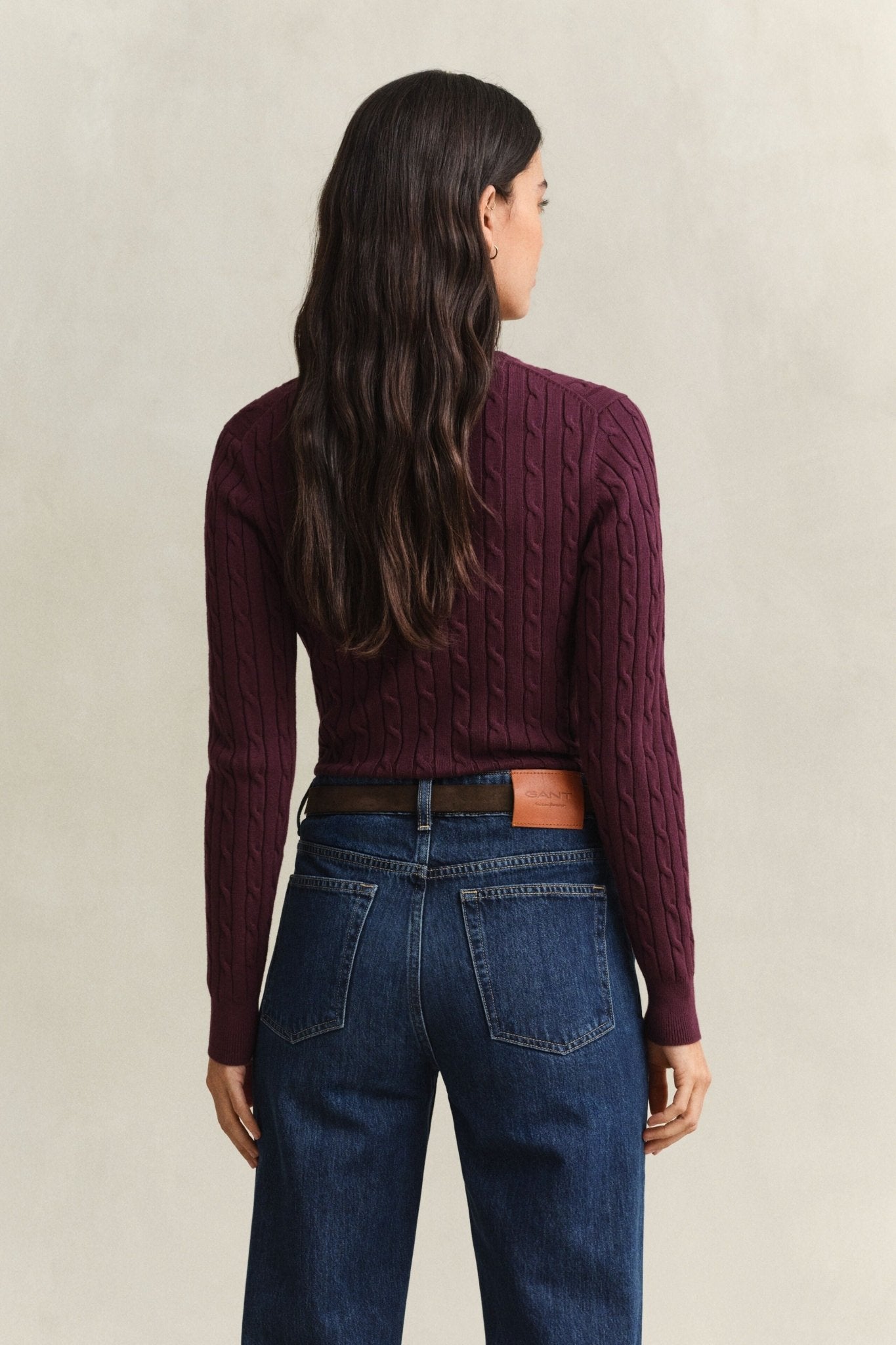 Young Ideas & Henmores -Stretch Cotton Cable Crew Neck Jumper -667 Darkened Wine -S