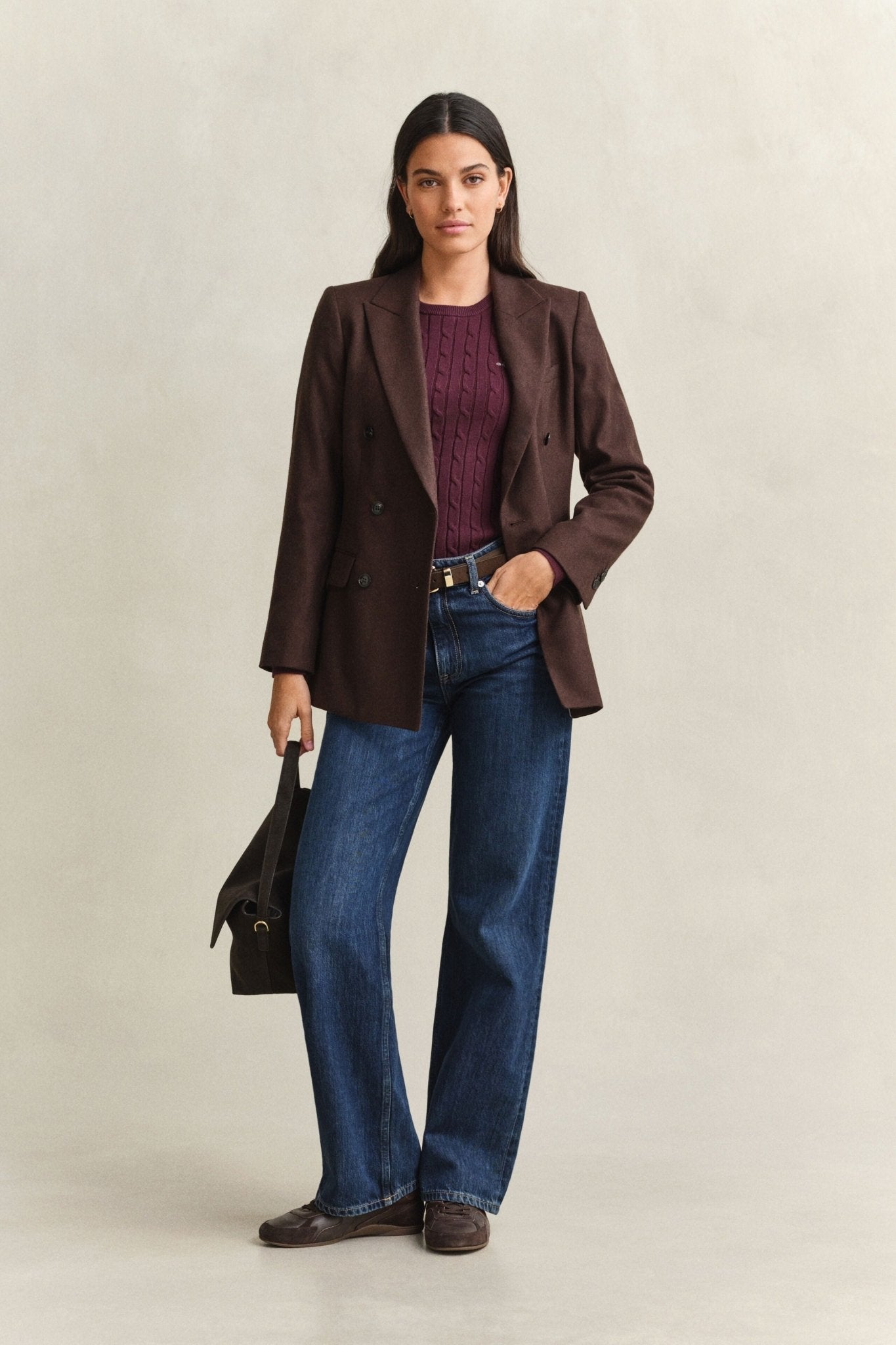 Young Ideas & Henmores -Stretch Cotton Cable Crew Neck Jumper -667 Darkened Wine -S
