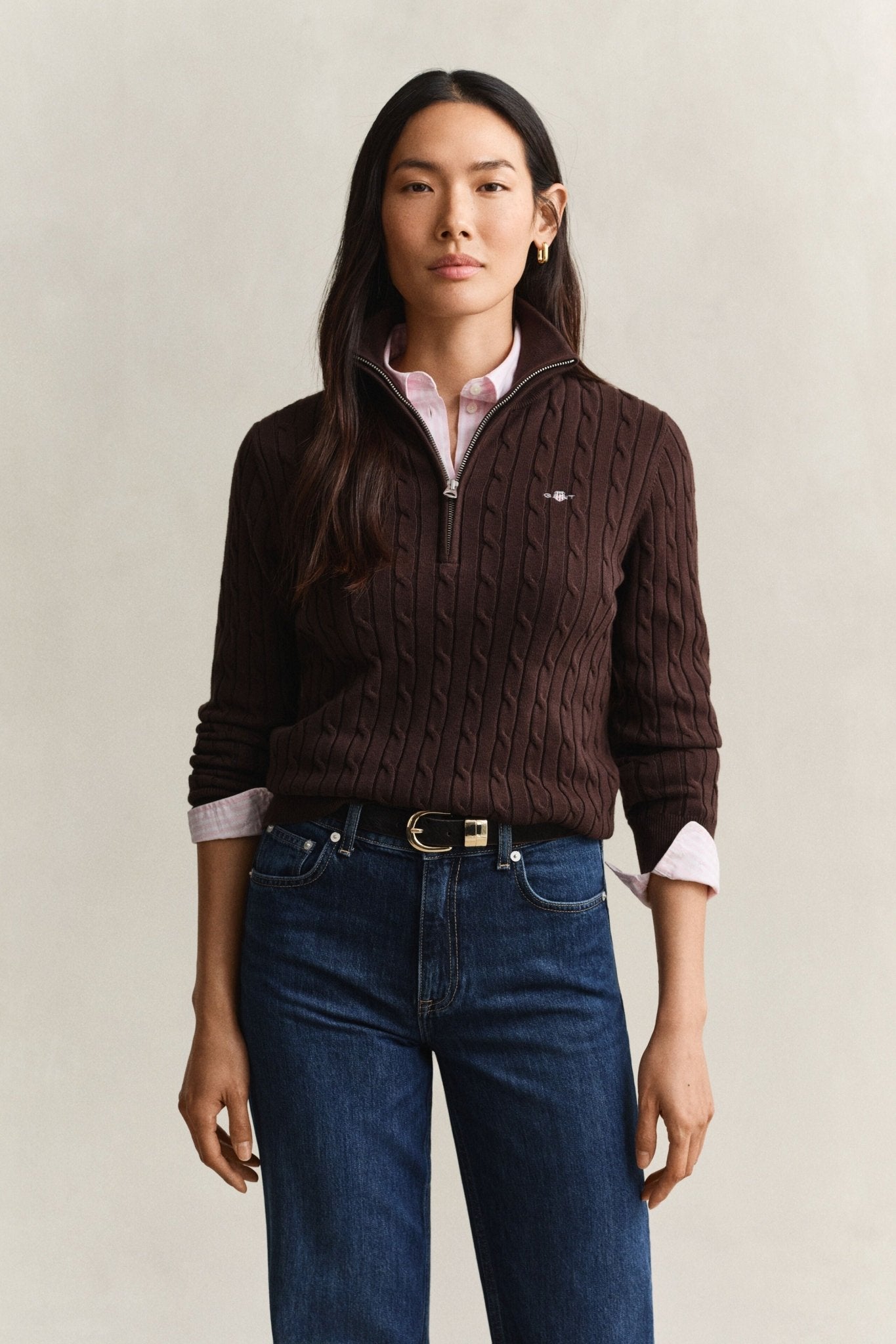 Young Ideas & Henmores -Stretch Cotton Cable Half-Zip -202 Deep Brown -S
