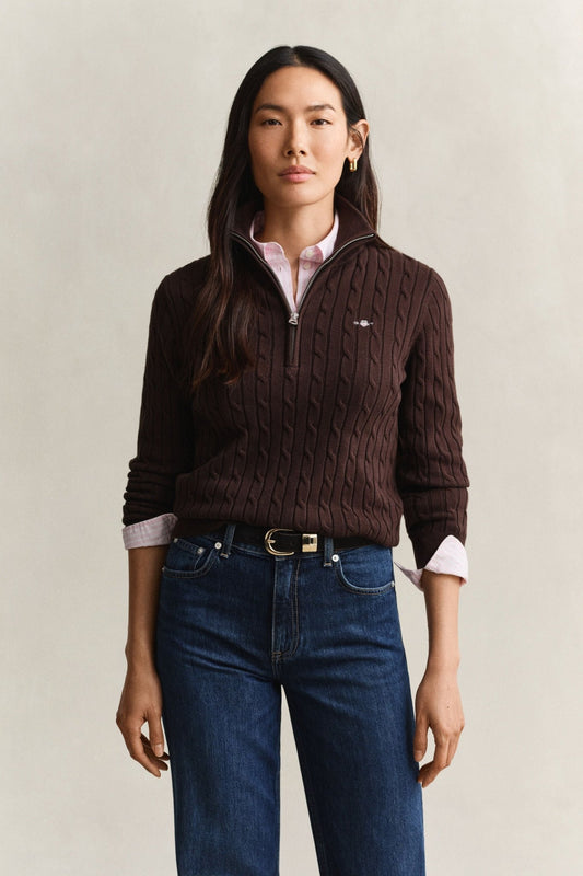 Young Ideas & Henmores -Stretch Cotton Cable Half-Zip -202 Deep Brown -S
