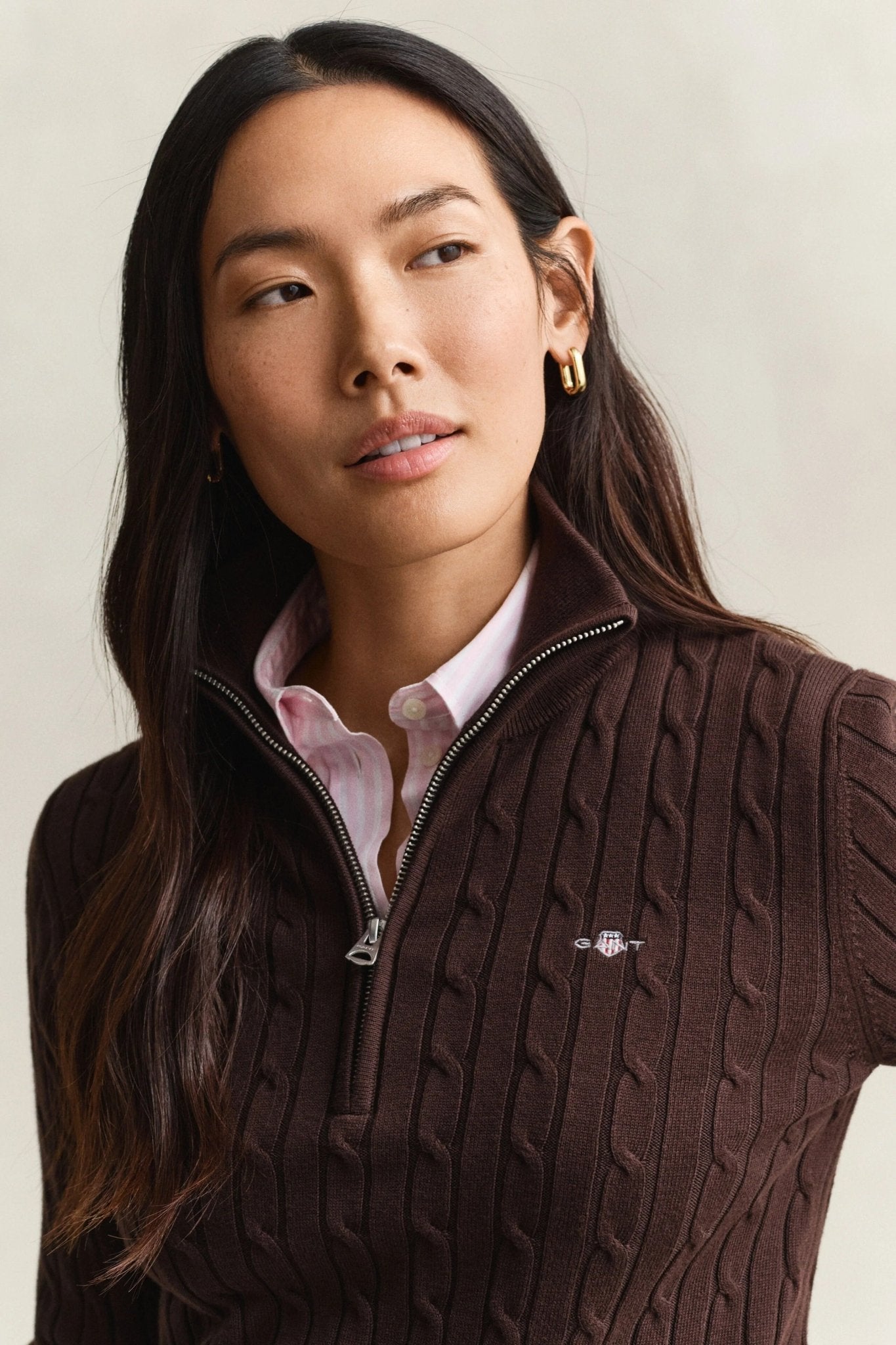 Young Ideas & Henmores -Stretch Cotton Cable Half-Zip -202 Deep Brown -S