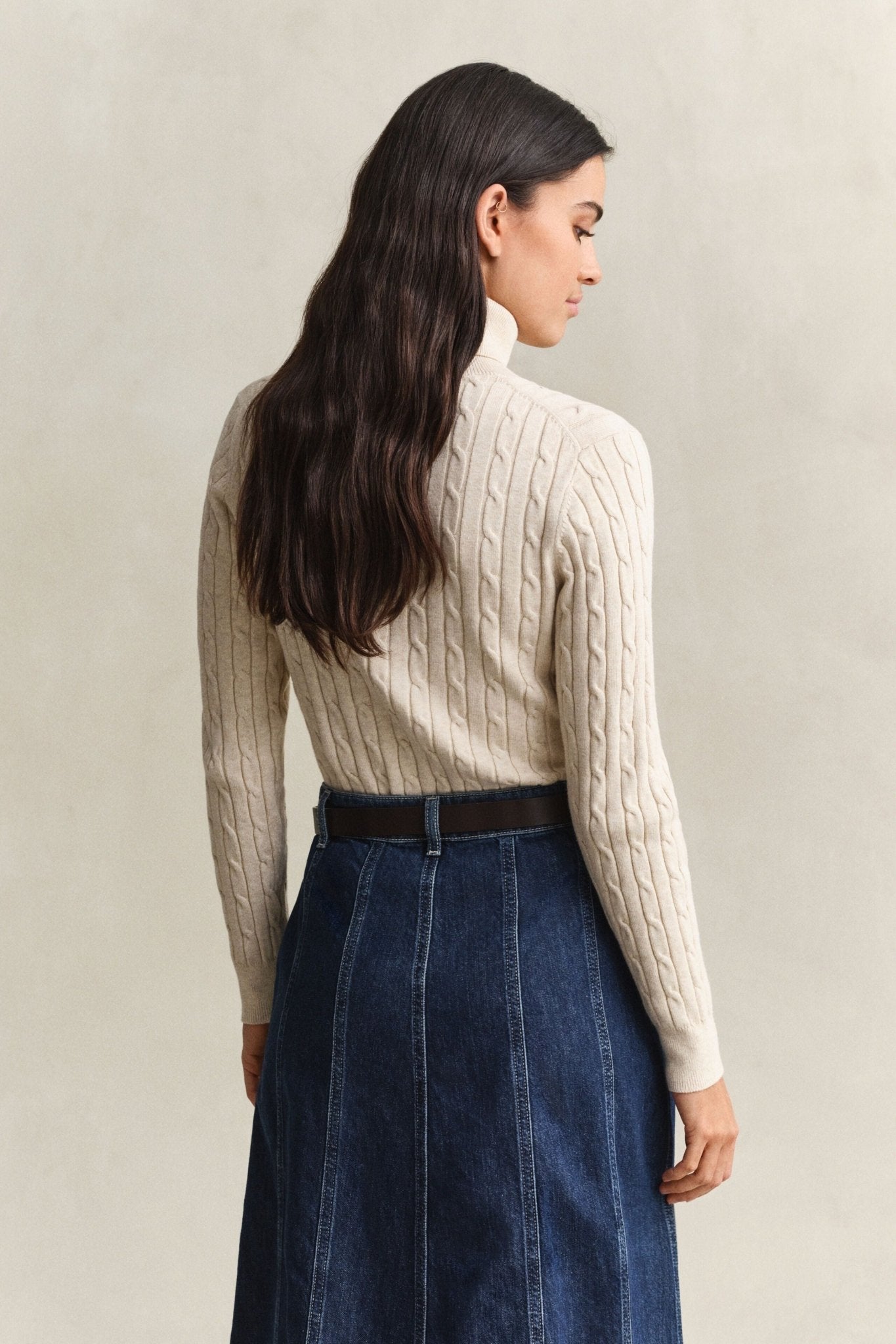 Young Ideas & Henmores -Stretch Cotton Cable Turtleneck Jumper -240 Faded Beige -S