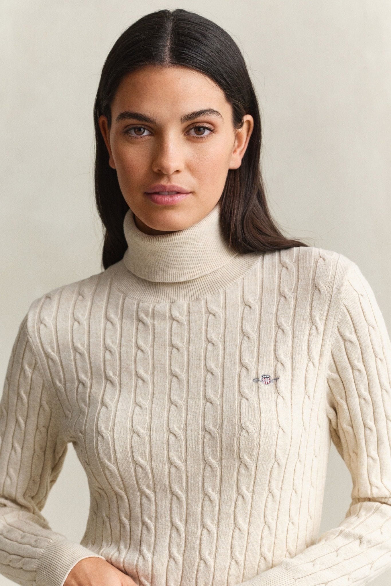 Young Ideas & Henmores -Stretch Cotton Cable Turtleneck Jumper -240 Faded Beige -S